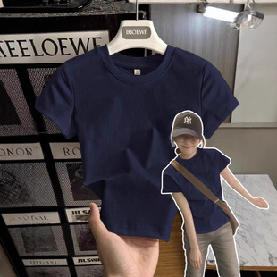 FR【店铺热销】夏季重磅纯棉港风chic正肩短袖T恤女春夏藏青色上