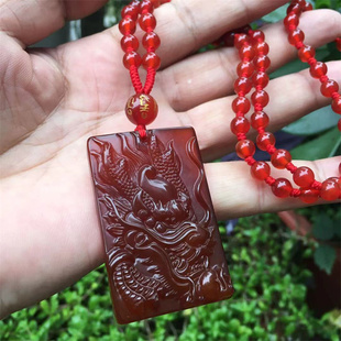 天然红玛瑙项链男方形龙头玉牌吊坠挂件玉坠生肖龙本命年玉髓龙首