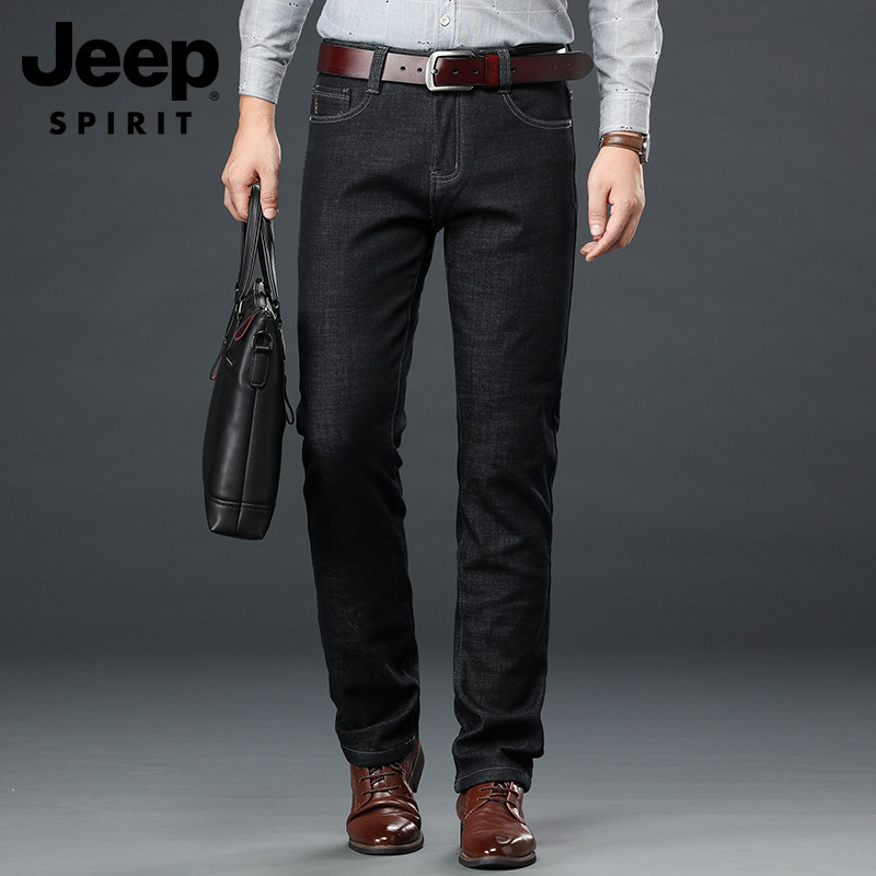 JEEP 지프 스피릿 청바지 남성 겨울 착용 루즈 스트레이트 대형 캐주얼 플러스 플리스 남성 바지