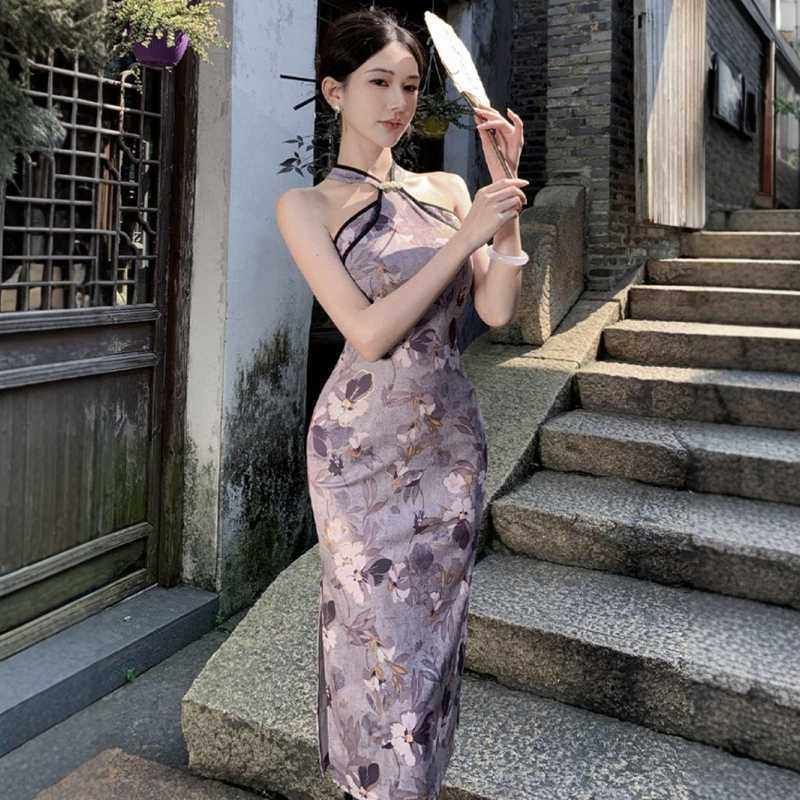 2025新款新中式改良旗袍挂脖露肩连衣裙女夏御姐高级性感包臀长裙