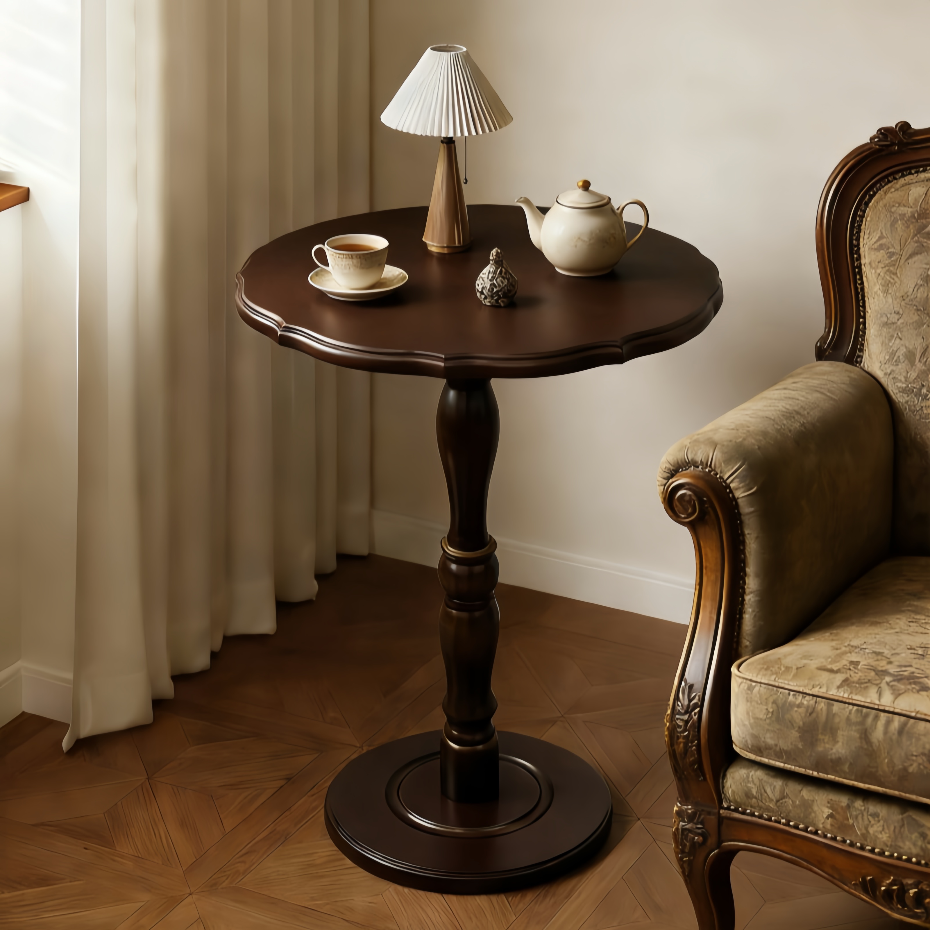 可调节中古复古实木小圆桌美式客厅卧室床边电话茶几法式咖啡桌子