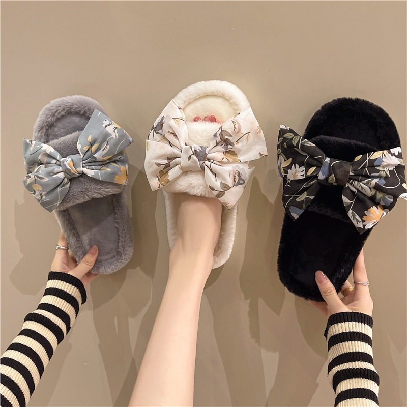 跨境外贸时尚蝴蝶结花朵毛毛拖鞋女居家居拖鞋保暖地板棉拖鞋秋冬