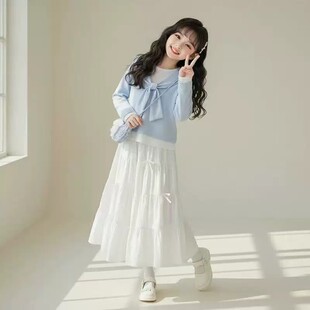 女童春装韩系气质白色裙子2026新款小女孩洋气时髦漂亮连衣裙套装