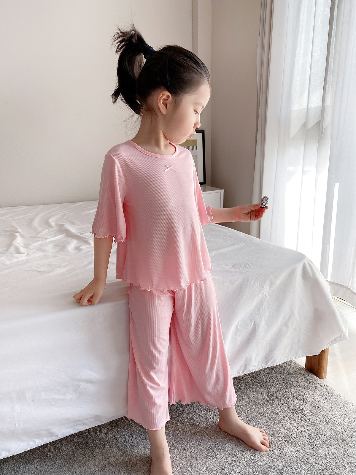 CHILDRENS MODAL PAJAMAS SUMMER CLOTHES THIN SHORT SLEEVES LOOSE ICE SILK TWO-PIECE SET GIRLS LOUNGEWEAR BABY AIR CONDITIONED CLOTHES