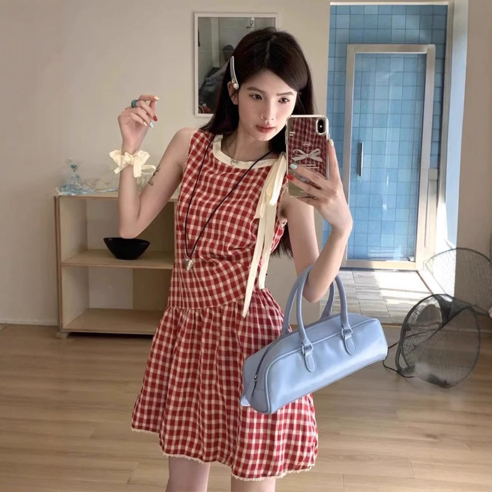 撞色格子系带蝴蝶结背心连衣裙女春季2025新款小个子收腰A字短裙