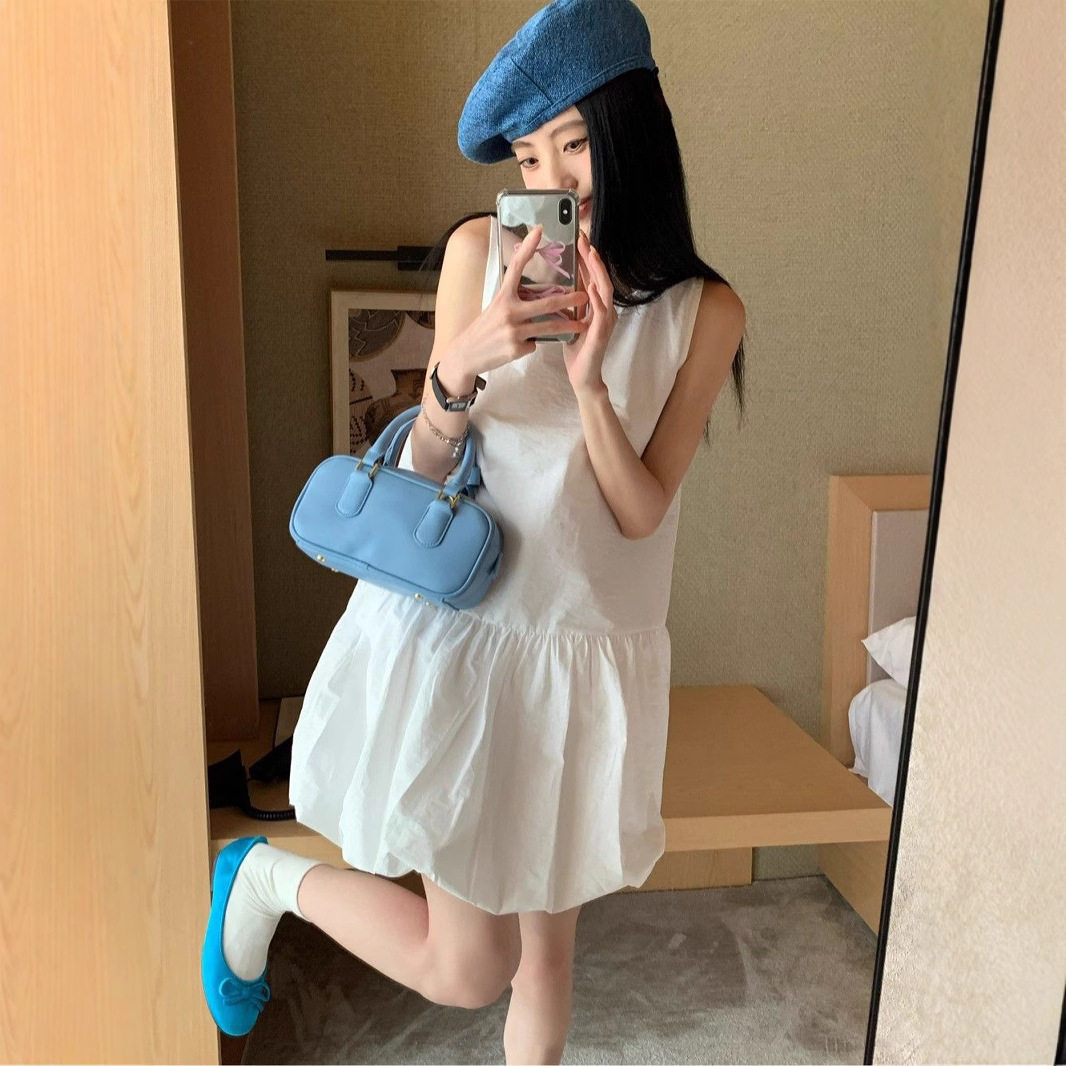 法式白色背心连衣裙女夏季小个子可爱蓬蓬花苞裙短款无袖初恋裙子