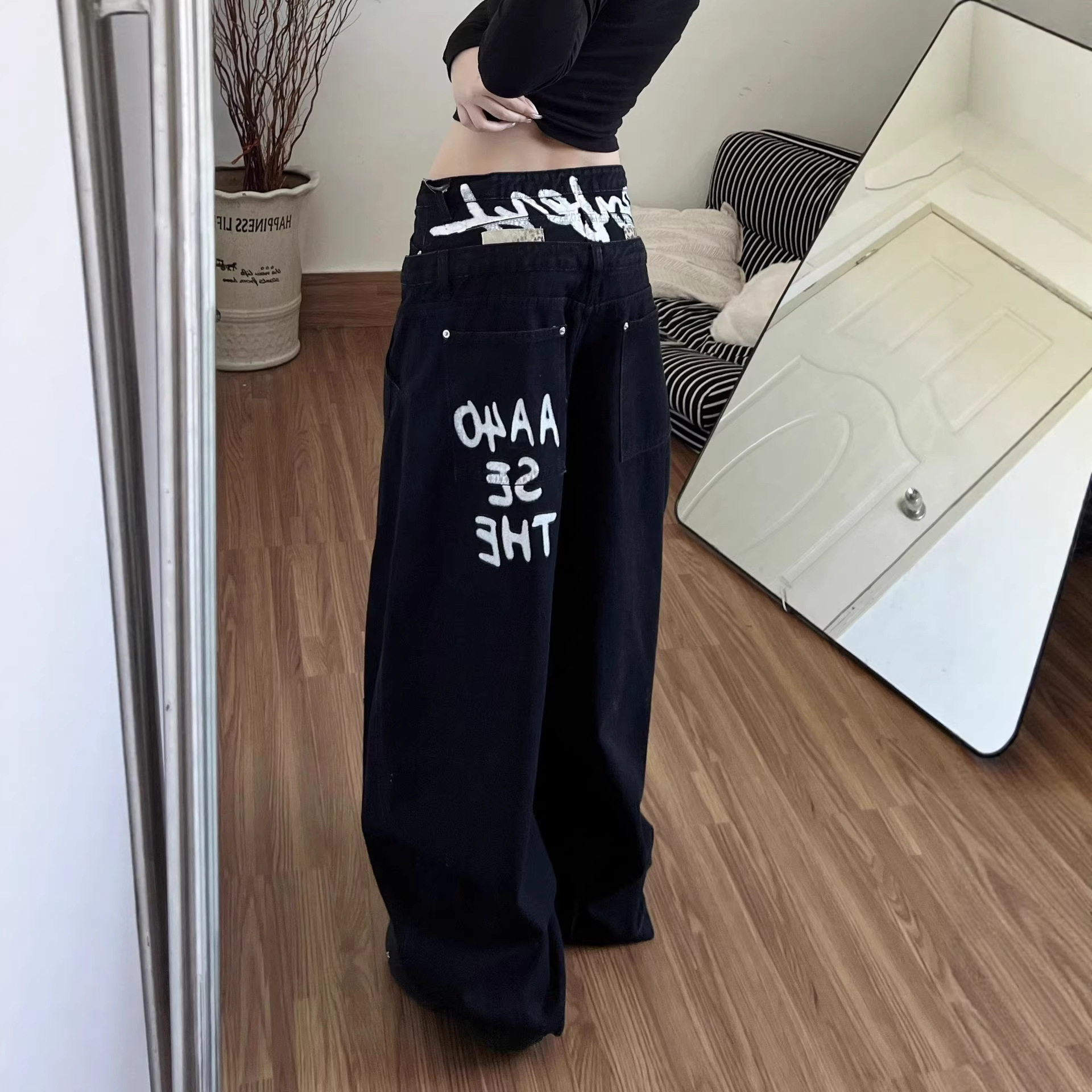 美式复古双腰头黑色弯刀牛仔裤裤子女款宽松慵懒风阔腿裤工装裤子