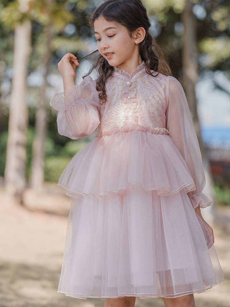 女童粉色连衣裙2021春秋新款洋气蓬蓬纱儿童法式裙子中大童公主裙
