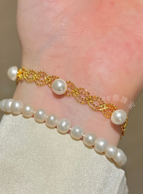 【南法假日】金色珍珠法式蕾丝S925银镀金手链气质精致轻奢15+3cm