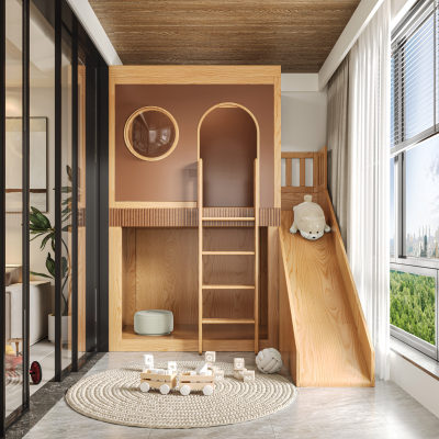 小户型阳台树屋床全实木加粗加厚上床下地台儿童秘密基地带滑滑梯
