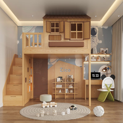 全实木小户型儿童树屋阁楼床定制高架床上床下空儿童床秘密基地