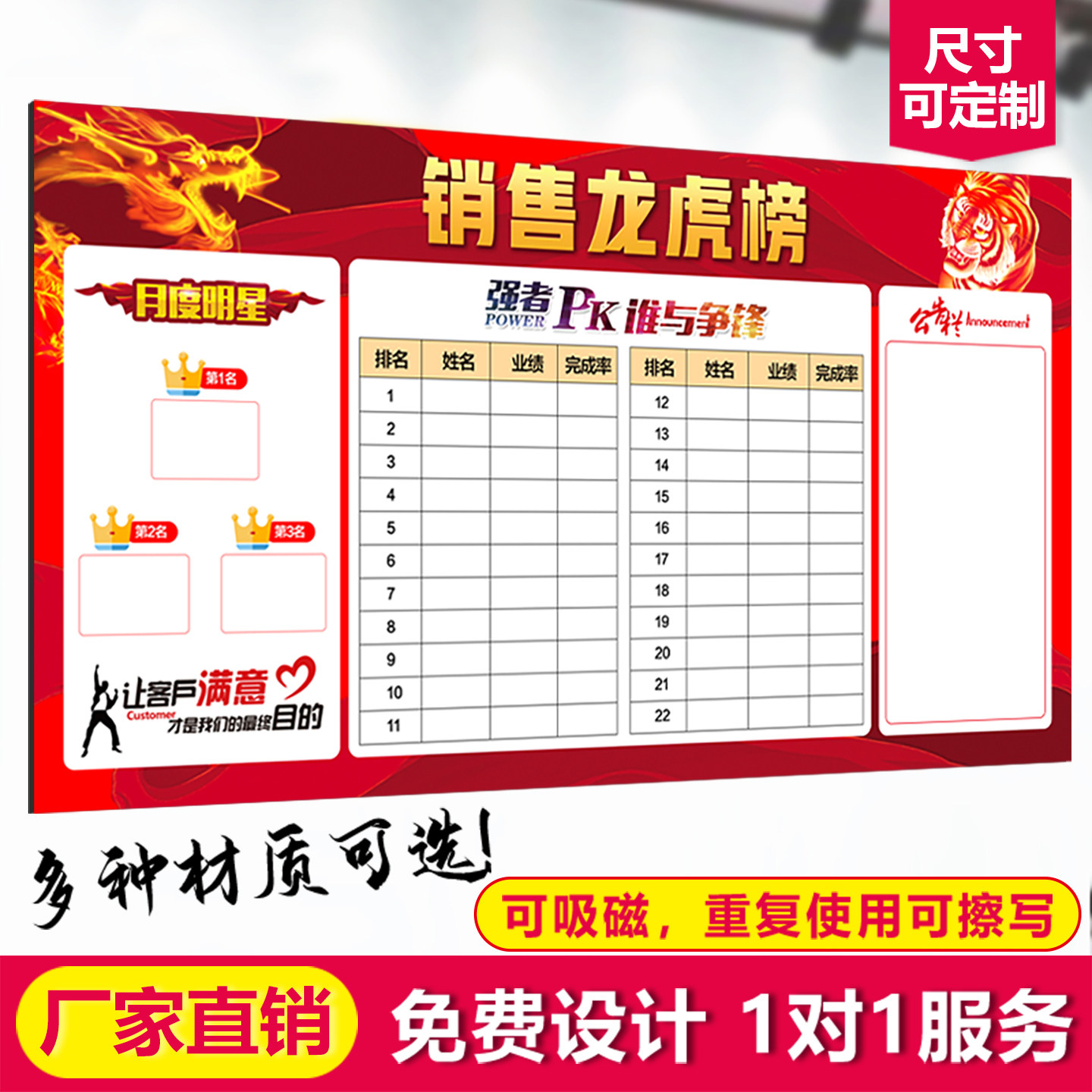 磁匠定制磁性软白板可擦写龙虎榜英雄荣誉榜销售业绩榜展示板企业文化