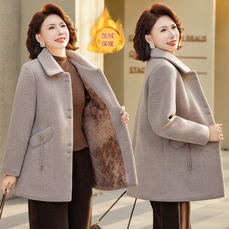 妈妈秋冬加绒加厚毛呢外套女中老年翻领保暖时尚大衣高贵女装棉服