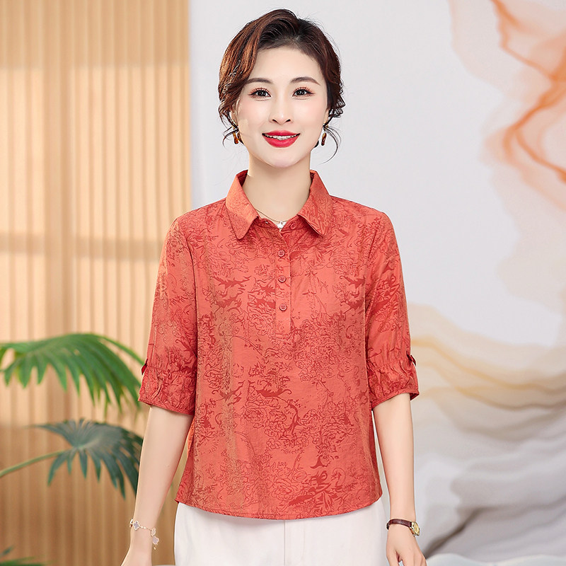 中年女装翻领天丝苎麻衬衫女夏季薄款妈妈装宽松遮肚中袖棉麻衬衣
