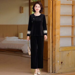 中年秋季女士金丝绒长袖国风套装中老年妈妈装洋气减龄时尚两件套