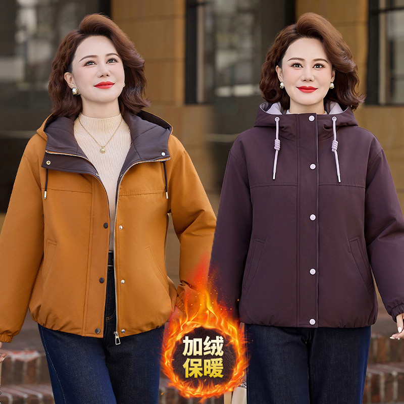 中老年女装棉衣加绒保暖连帽棉袄外套妈妈秋冬装宽松减龄休闲棉服