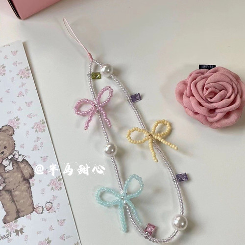 半岛甜心手作蝴蝶结手机链短款串珠链条ccd挂绳少女心甜美挂饰ins