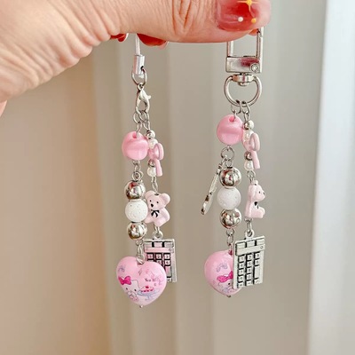 半岛甜心手作爱心钥匙扣可爱小熊手机链挂绳串珠链挂坠耳机壳挂饰