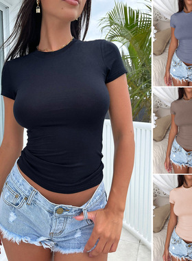 迪芸跨境欧美上衣女装亚马逊2025春夏Y2K风纯色修身显瘦短袖T恤