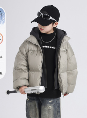 男童冬装韩系假两件90白鸭绒羽绒服2025新款中大儿童冬季加厚