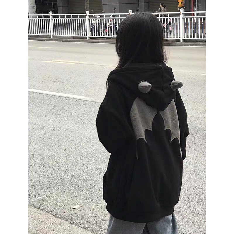 American Street Little Devil Horn Hooded Sweatshirt for Women Autumn and Winter Thin Embroidered Lazy Style Cardigan Zipper Jacket for Women Trendy