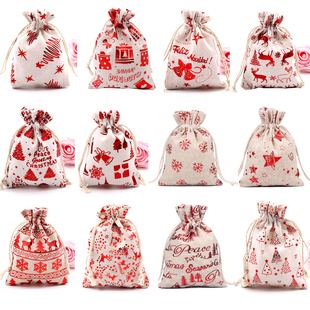 圣诞棉布袋烫金图案束口包装袋小礼品袋糖果抽绳袋子圣诞包装袋