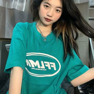 纯棉荧光绿夏天显白原宿BF风学生短袖t恤女ins宽松独特多巴胺上衣