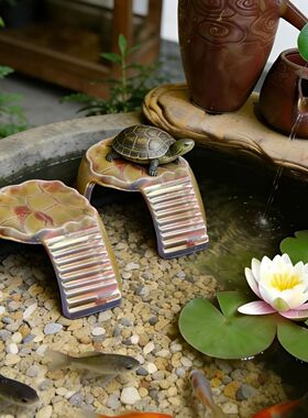 龟类晒台爬台躲避一体陶瓷岩石风格造景装饰夏天避暑洞穴爬宠用品