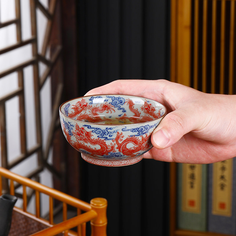景德镇手工老陶泥釉下九龙茶杯单杯主人杯圆融杯大杯子陶瓷品茗杯