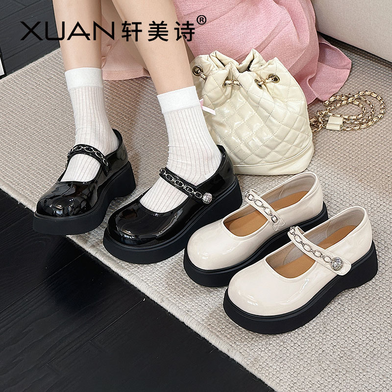 轩美诗漆皮女浅口单鞋2025春秋新款亮面厚底韩版休闲玛丽珍40115