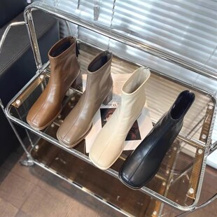 2024秋冬季新款法式方头复古短靴粗跟瘦瘦靴软皮小个子3233靴子女