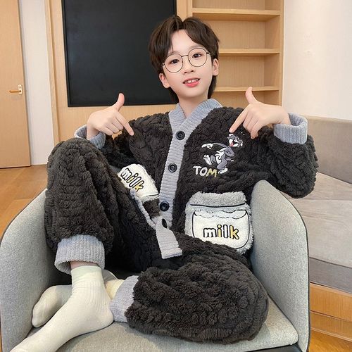 儿童珊瑚绒睡衣男童秋冬季2024新款冬款法兰绒青少年小男孩家居服