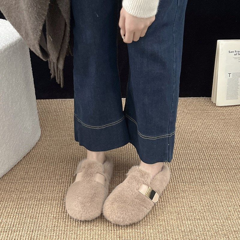 一脚蹬平底懒人女式拖鞋2024冬季新款毛毛棉鞋时尚博肯加绒豆豆鞋,居家布艺,居家棉拖/棉鞋,淘宝优惠券,粉丝福利购,淘宝优惠卷