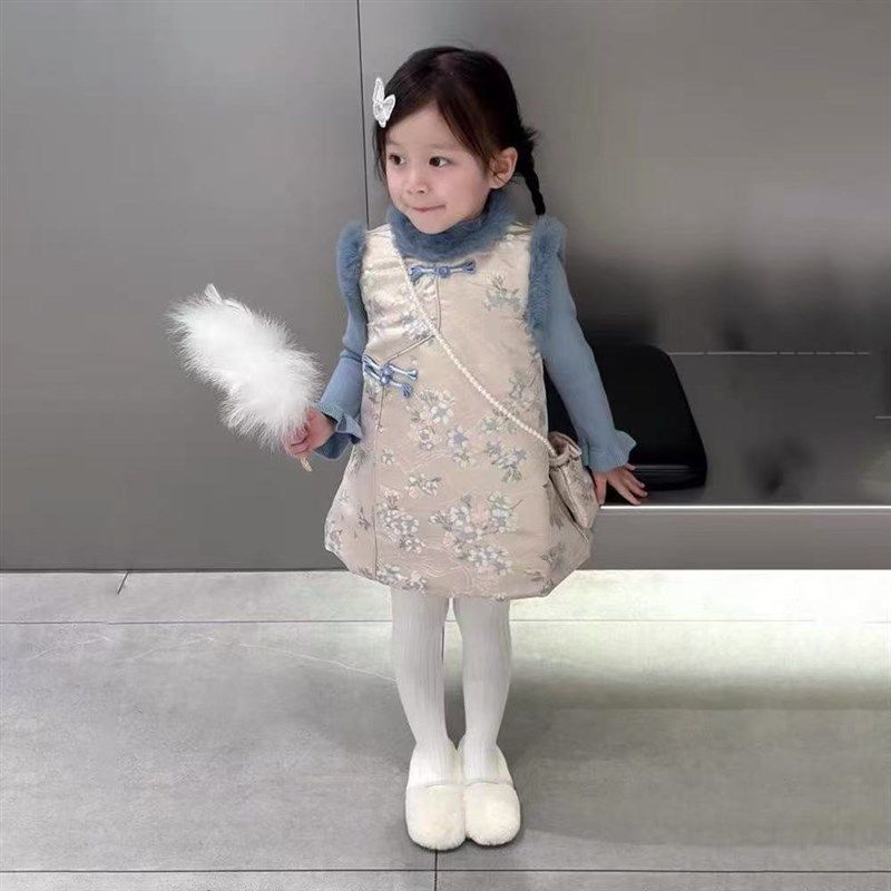 新中式童装2024秋冬新款甜美蓝色毛绒夹棉旗袍裙女童拜年服两件套,童装/婴儿装/亲子装,套装,淘宝优惠券,粉丝福利购,淘宝优惠卷