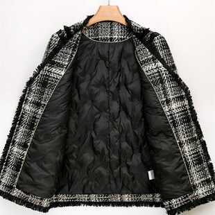 鹅绒黑色格纹羊毛加厚韩系复古风羽绒服女款百搭显瘦小香风外套