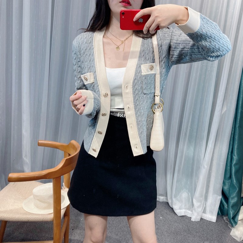 S家早秋新款小香风针织开衫外套女V领金属扣法式名媛气质上衣女装图片