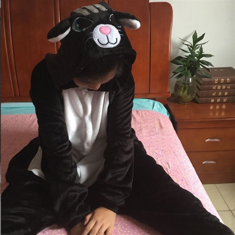 混批秋冬法兰绒柴郡猫起司猫黑猫熊猫龙猫卡通动物连体睡衣家居服