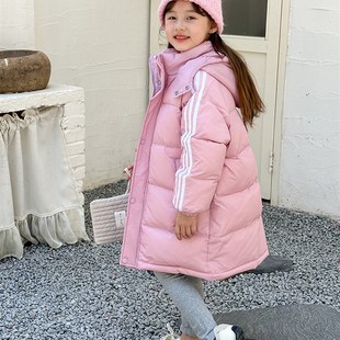儿童羽绒服中大童加厚过膝中长款男童女童经典三条杠冬装外套