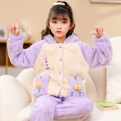 长毛绒睡衣女童开衫连帽甜美可爱加厚珊瑚绒宽松保暖家居服可外穿