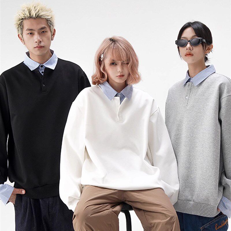 假两件撞色设计感衬衫领卫衣男春秋新款宽松潮流百搭情侣外套上衣