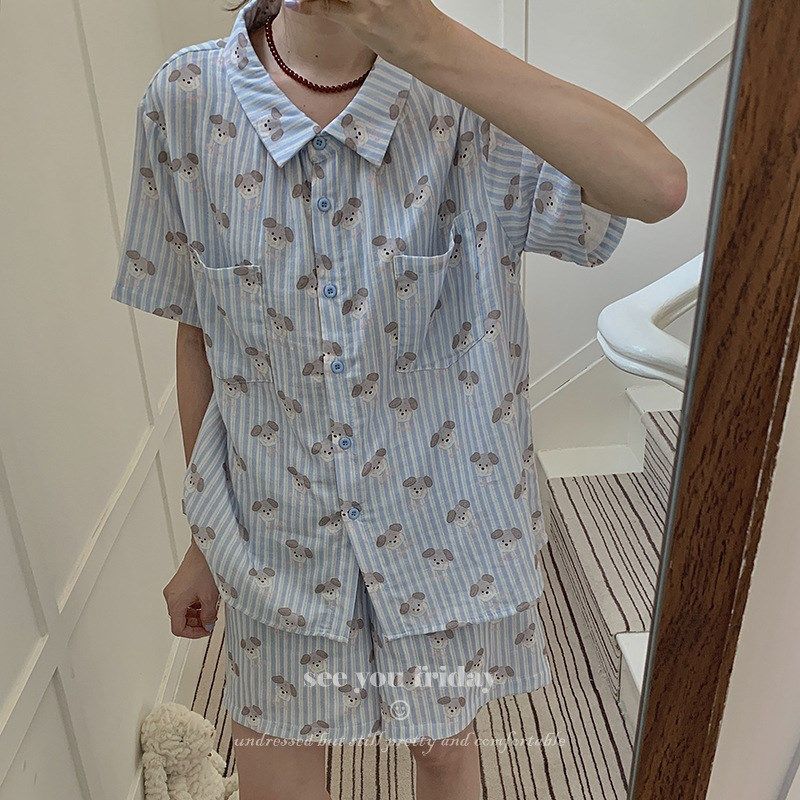 高密双层棉纱蓝条纹可爱小狗韩国2024夏季短袖短裤睡衣家居服套装,女士内衣/男士内衣/家居服,睡衣/家居服套装,淘宝优惠券,粉丝福利购,淘宝优惠卷