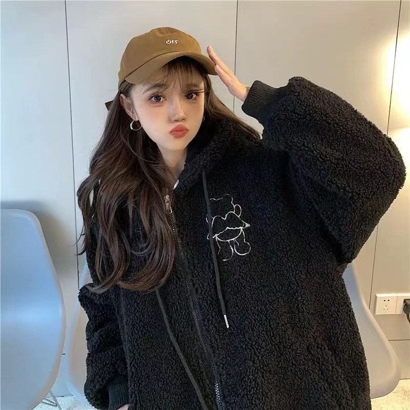 加绒加厚羊羔毛外套少女秋冬装2024新款初中高中学生可爱棉衣棉服