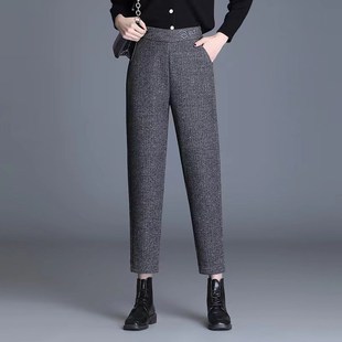 子 中年妈妈九分小脚萝卜裤 羊毛呢小个子哈伦裤 女士高腰2023秋冬季