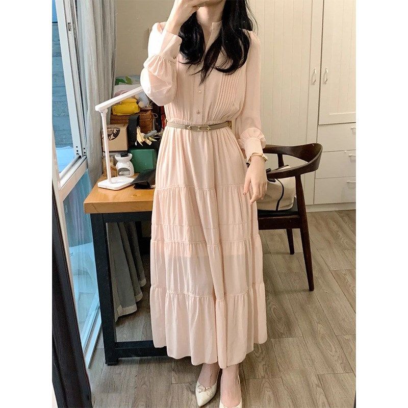 2025年新款女装春秋温柔风藕粉色长裙法式轻熟御姐范衬衫连衣裙子,女装/女士精品,连衣裙,淘宝优惠券,粉丝福利购,淘宝优惠卷