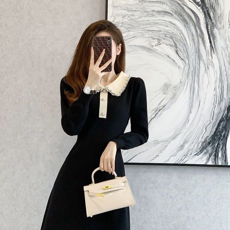 名媛小香风针织连衣裙女2024秋冬季新款韩版长袖打底毛衣A字裙子