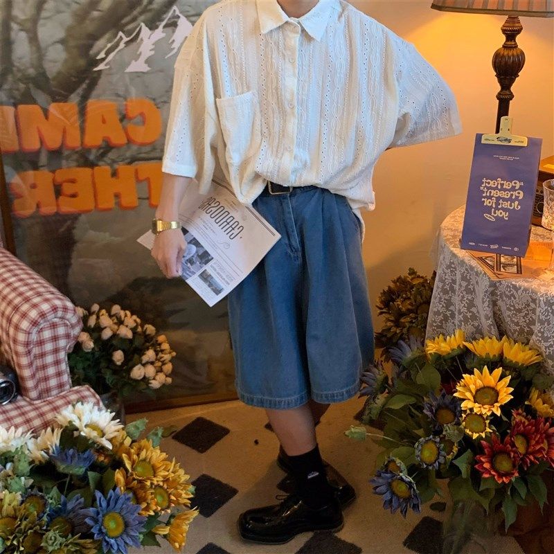 日系复古简约镂空短袖衬衫男夏季薄款设计感小众中性慵懒风衬衣潮,男装,衬衫,淘宝优惠券,粉丝福利购,淘宝优惠卷