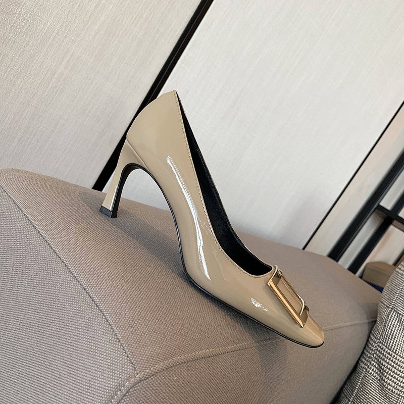 rv高跟鞋方扣女鞋方头大象灰粗跟漆皮伴娘单鞋通勤鞋婚鞋浅口女鞋