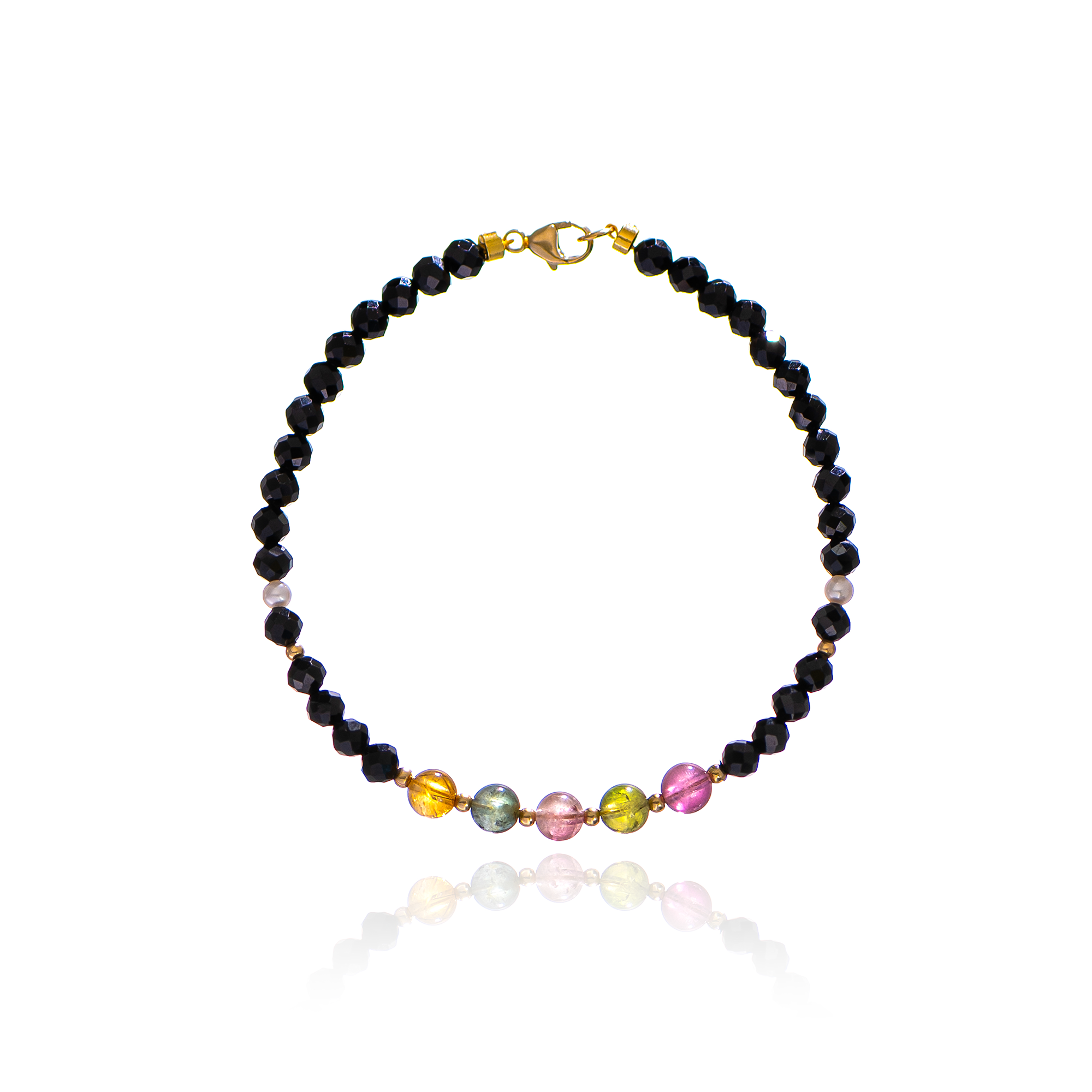 五彩碧玺黑锆石手链女招财纳福原创设计彩色宝石珍珠手串