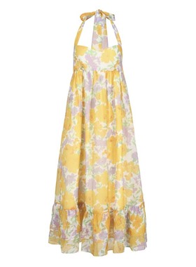 【花漾】浅黄色印花露背度假连衣裙