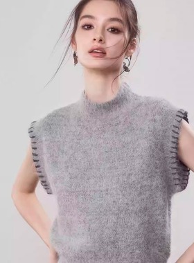 Mon Mystere灰色羊驼毛马甲毛衣女设计感慵懒宽松叠穿无袖针织